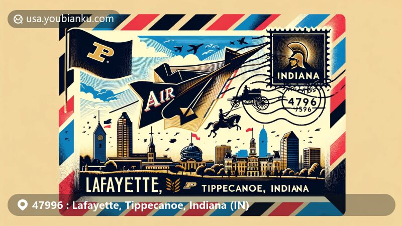 Modern illustration of Lafayette, Tippecanoe, Indiana, highlighting postal theme with ZIP code 47996, showcasing Tippecanoe Battlefield, Purdue University, and Indiana state flag.