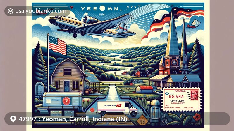 Modern illustration of Yeoman, Carroll County, Indiana, blending local essence with postal motifs, surrounded by Indiana's natural beauty, capturing rolling hills, lush woodlands, and tranquil waterways.