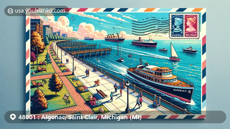 Modern illustration of Algonac, Michigan, ZIP Code 48001, capturing city's riverfront park along St. Clair River, showcasing boardwalk activities like walking and fishing, with airmail envelope featuring postal stamp 'Algonac, MI 48001' and Chris-Craft boat outline.