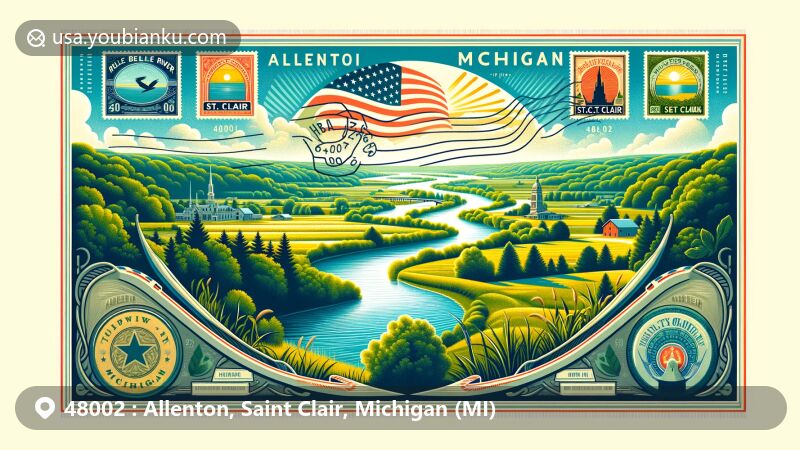Modern illustration of Allenton, Michigan, showcasing Belle River's natural beauty and postal theme with ZIP code 48002, featuring state symbols and lush landscapes.