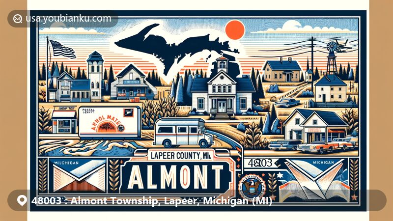 Modern illustration of Almont Township, Lapeer County, Michigan, showcasing postal theme with ZIP code 48003, highlighting regional landmarks and postal motifs.