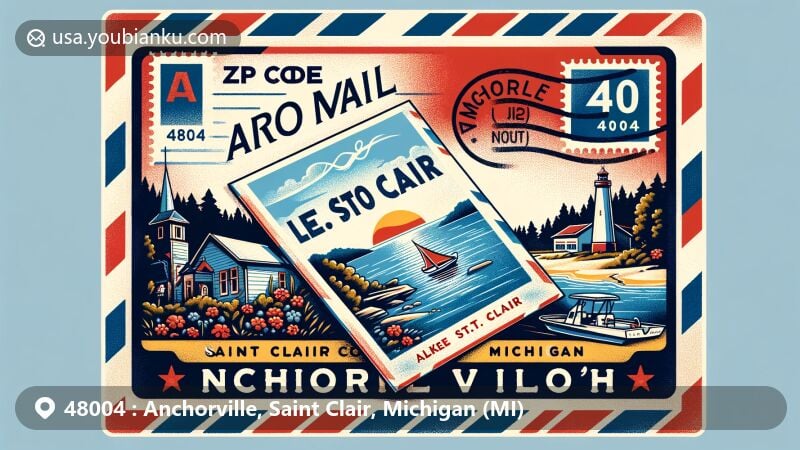 Modern illustration of Anchorville, Saint Clair County, Michigan, inspired by postal theme with ZIP code 48004, featuring Lake St. Clair and vintage air mail envelope.