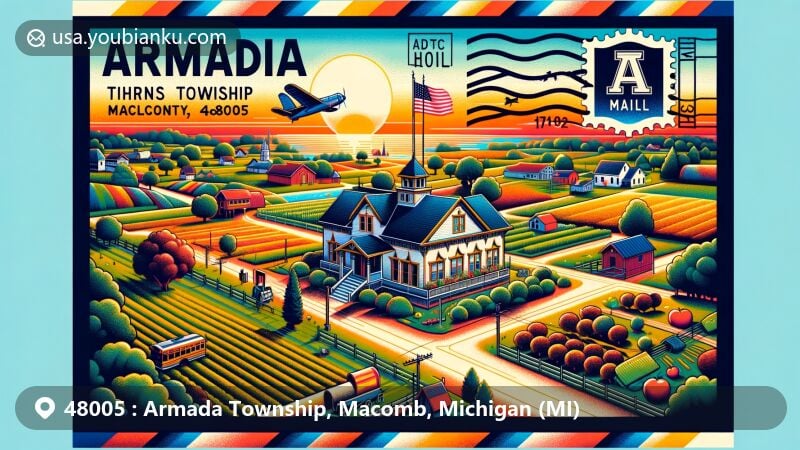 Modern illustration of Armada Township, Macomb County, Michigan, inspired by postal theme and local history, featuring farmlands, Michigan state flag, historic schoolhouse, and stagecoach.