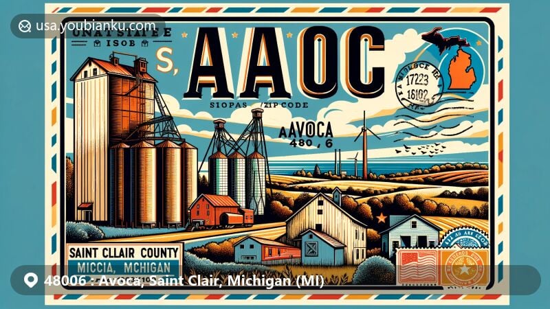 Modern illustration of Avoca, Saint Clair County, Michigan, with the ZIP code 48006, featuring Wadhams to Avoca Trail, grain elevators, and rural landscape.