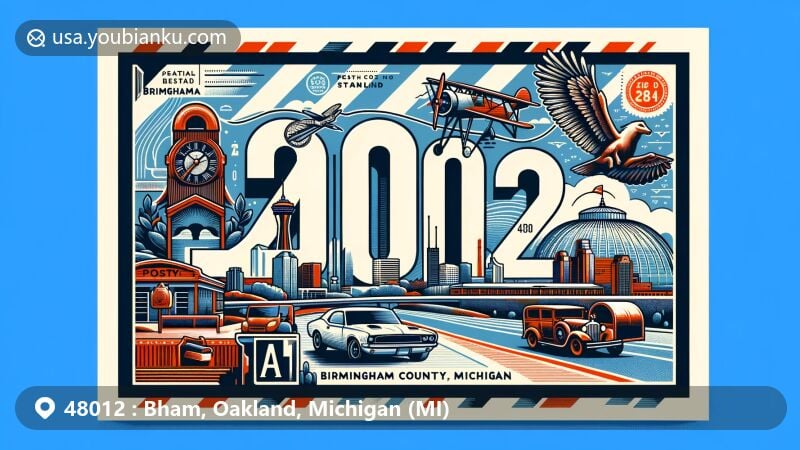 Contemporary illustration of Birmingham, Michigan in Oakland County, showcasing postal theme with ZIP code 48012, featuring iconic symbols of Birmingham and Oakland County.