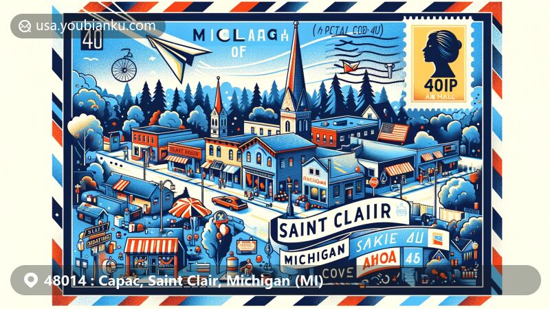 Modern illustration of Capac, Michigan, featuring ZIP code 48014, blending village charm with postal motifs, capturing small-town vibe and community spirit. Michigan and Saint Clair County elements enhance the scene, with subtle nods to state symbols and local landmarks.