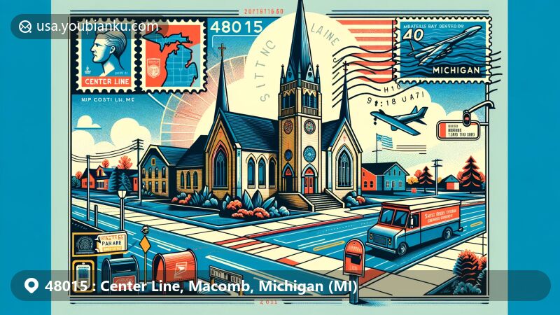 Modern illustration of Center Line, Michigan, showcasing St. Clement Catholic Church and postal theme with ZIP code 48015, featuring vintage postal elements and city landmarks.
