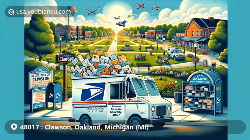 Modern illustration of Clawson, Michigan, 48017, showcasing postal theme with ZIP code 48017, featuring postal delivery truck and overflowing mailbox in a serene park setting.