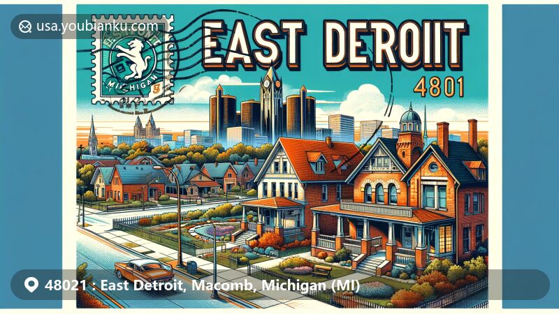 Modern illustration of Eastpointe, Michigan, showcasing transformation from East Detroit with postal elements, highlighting landmarks, public parks, and rich history shaped by German and Irish immigrants.