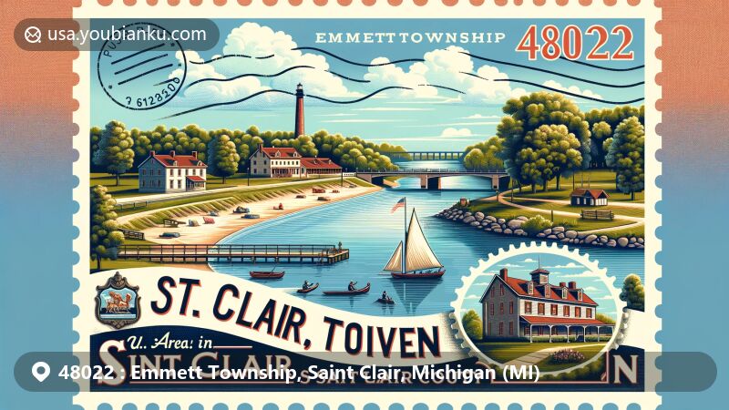 Modern illustration of Emmett Township, Saint Clair County, Michigan, depicting the picturesque St. Clair River, Fort Sinclair, and St. Clair Inn, set in lush greenery and Palmer Park, with a vintage postcard theme showcasing postal elements.