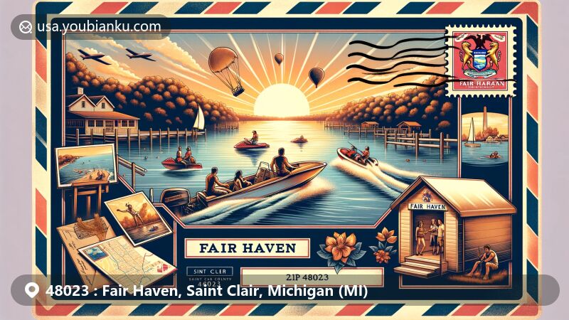 Modern illustration of Fair Haven, Michigan, ZIP Code 48023, highlighting Lake St. Clair's beauty and water recreational activities, with a serene sunset backdrop and Michigan state flag.