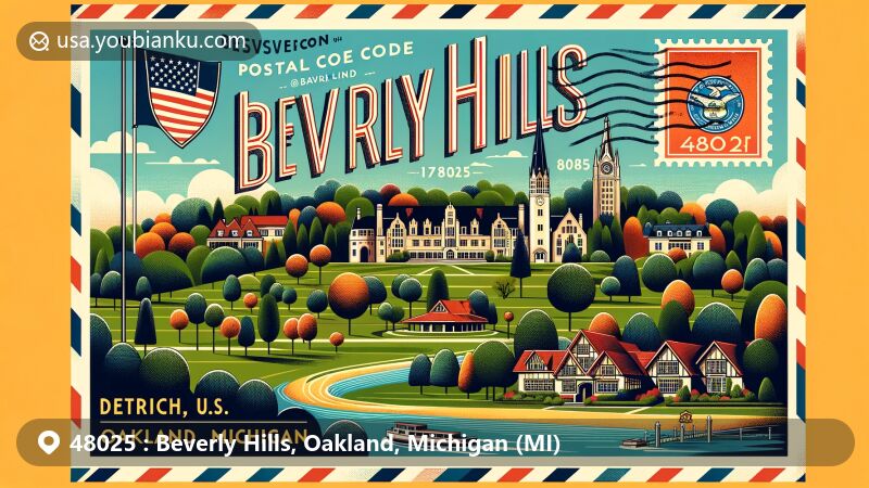 Modern illustration of Beverley Hills, Oakland County, Michigan, showcasing postal theme with ZIP code 48025, featuring Detroit Country Day School, Michigan state flag, lush parks, and vintage postage elements.
