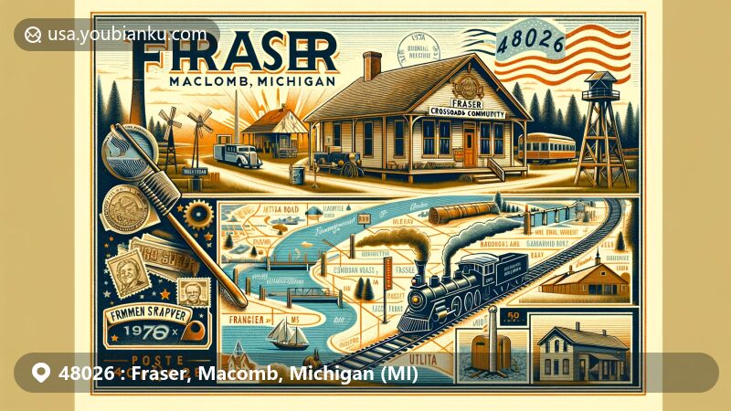 Modern illustration of Fraser, Macomb, Michigan, highlighting the crossroads community origins, featuring Utica Road, Railway Depot, and German immigrant influences, including a traditional blacksmith shop. Incorporates natural features like Harrington Drain, Clinton River, and Lake St. Clair, along with modern elements like Groesbeck Highway. Artfully blends historical and contemporary aspects with postal motifs, stamps, postmark 