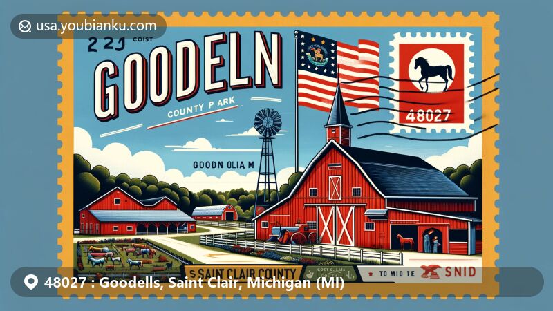 Modern illustration of Goodells, Saint Clair County, Michigan, representing ZIP code 48027 with regional and postal elements, featuring Goodells County Park and Michigan state flag.