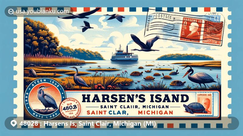 Modern illustration of Harsens Island, Saint Clair, Michigan, featuring scenic view from Saint Clair River with wildlife like great blue herons and snapping turtles, showcasing Harsens Island Ferry and postal theme with ZIP code 48028.