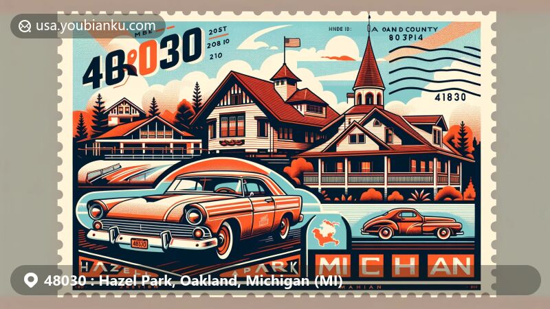 Modern illustration of Hazel Park, Michigan, ZIP code 48030, capturing iconic elements like Hazel Park Raceway, Michigan bungalows, vintage Ford car, and postal themes, set against a backdrop of Oakland County and the state of Michigan.