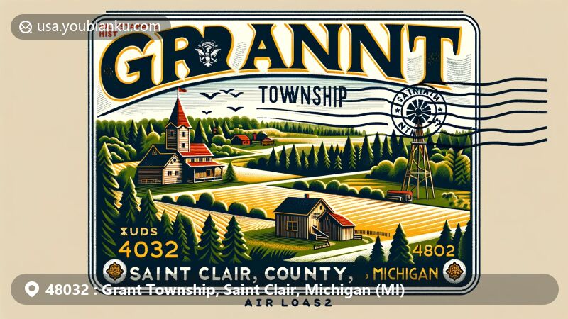 Modern illustration of Grant Township, Saint Clair County, Michigan, capturing the area's dense forests and rural landscape, featuring a historic sawmill and Michigan state flag.