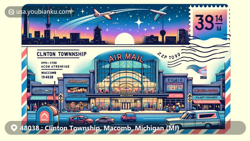 Modern illustration of Clinton Township, Macomb, Michigan (MI), featuring a creative air mail envelope with ZIP code 48038, highlighting an open-air shopping center, restaurants, cinema, and postal elements.