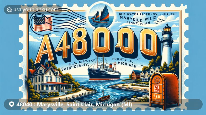 Modern illustration of Marysville, Saint Clair County, Michigan, capturing the essence of ZIP code 48040 with Blue Water River Walk and Huron Lightship, blending scenic beauty and maritime heritage.