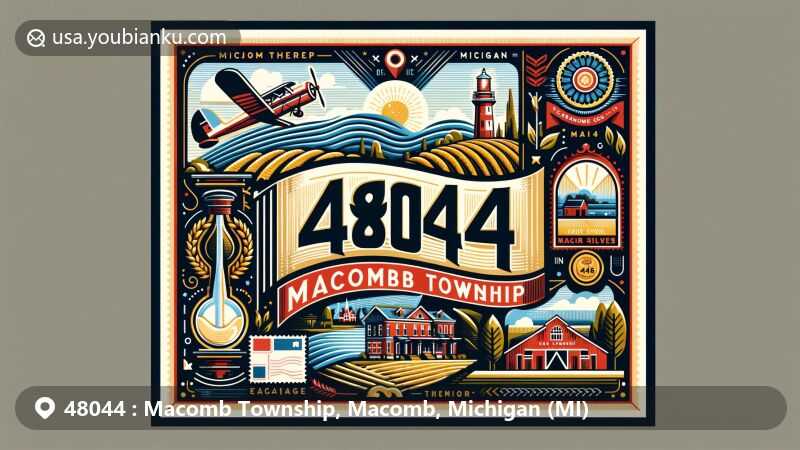 Modern illustration of Macomb Township, Macomb County, Michigan, highlighting ZIP code 48044, blending agricultural heritage with contemporary landmarks like Emagine Theater and Sycamore Hills Golf Club, featuring Michigan state flag and postal motifs.