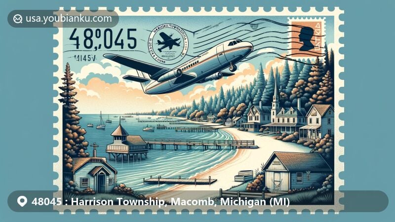 Modern illustration of Harrison Township, Macomb County, Michigan, showcasing Lake St. Clair's scenic shores and Selfridge Air National Guard Base, with a historic settlement from the early 19th century. Vintage air mail envelope with zip code 48045, featuring a stylized stamp and postal mark.