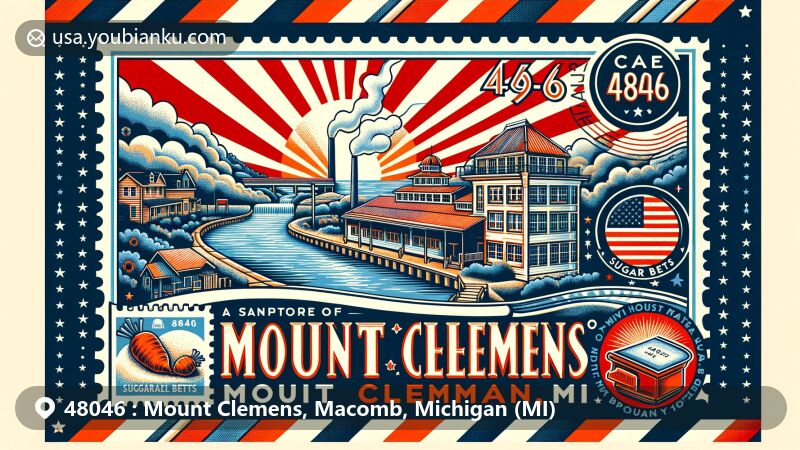 Modern illustration of Mount Clemens, Michigan, with visual elements like Clinton River, historic bathhouse, sugar beet references, and postal theme with vintage stamps, capturing the city's essence.