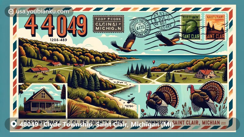 Contemporary illustration of Clyde Township, Saint Clair, Michigan, depicting ZIP code 48049, showcasing Woodsong County Park and Michigan's natural beauty with rustic trails, steep slopes, and Black River shoreline, featuring postal elements like stamps, postmark, and local wildlife.