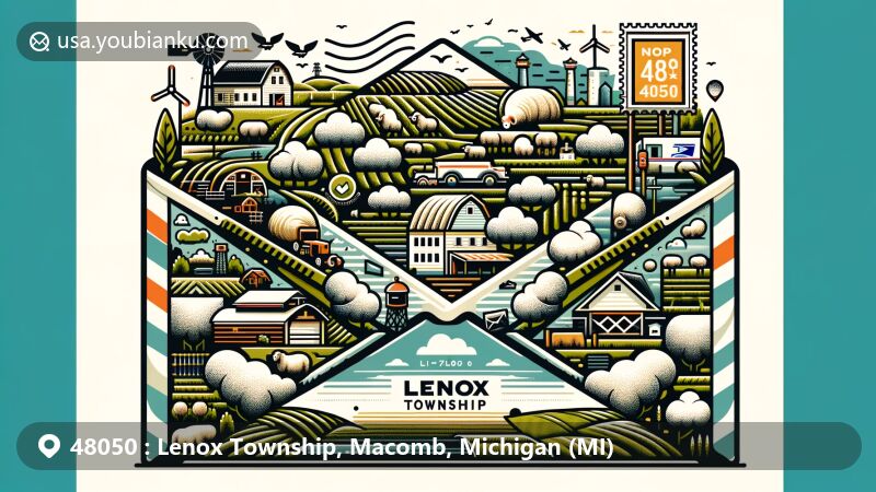 Modern illustration of Lenox Township, Michigan, with postal theme and ZIP code 48050, showcasing rural landscapes, farmlands, wetlands, and woodlands, incorporating symbols of sheep farming and Muttonville's historical importance.
