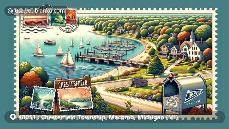 Modern illustration of Chesterfield Township, Michigan, in Macomb County, showcasing postal theme with ZIP code 48051, featuring Anchor Bay, Brandenburg Park, and the Chesterfield Township State Game Area.