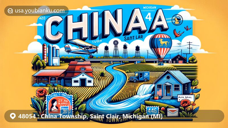 Modern illustration of China Township, Saint Clair, Michigan, blending agricultural and residential elements with the St. Clair River and Michigan state symbols, featuring a central air mail envelope with ZIP code 48054 and postal-themed details.