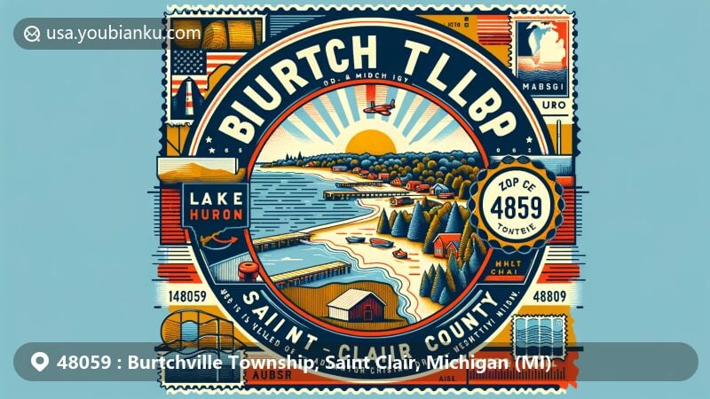 Modern illustration of Burtchville Township, Saint Clair County, Michigan, depicting ZIP code 48059 with creative postal theme, featuring Lake Huron, lumber history, and Michigan state overlay.