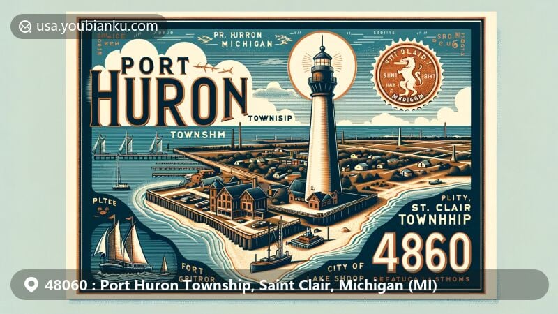 Modern illustration of Port Huron Township, Michigan, showcasing postal theme with ZIP code 48060, featuring Fort Gratiot Lighthouse, Huron Lightship, and St. Clair County's geographical outline.