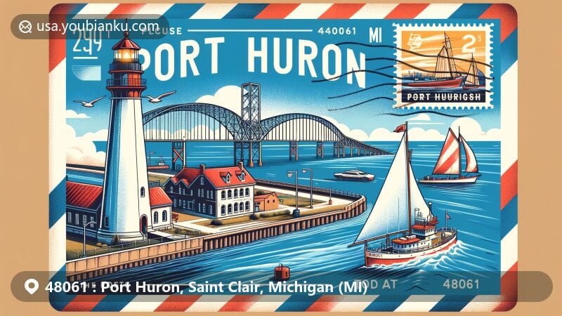 Modern illustration of Port Huron, Saint Clair County, MI, showcasing Fort Gratiot Lighthouse, Blue Water Bridge, and Huron Lightship Museum within an airmail envelope, featuring postal elements like a stamp, cancellation mark, and ZIP code 48061.
