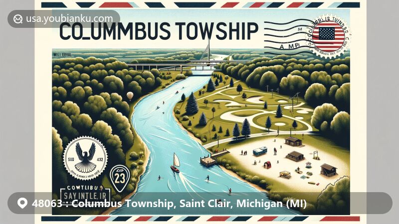Modern illustration of Columbus Township, Saint Clair, Michigan, featuring Belle River, Columbus County Park, Will Bendik Memorial Disc Golf Course, and Michigan state flag.