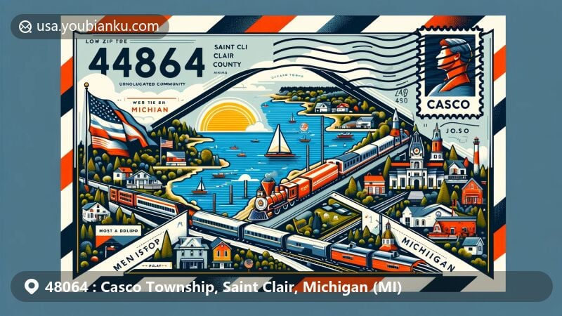 Modern illustration of Casco Township, Saint Clair County, Michigan, showcasing postal theme with ZIP code 48064, featuring Michigan state flag and unique geography near water bodies.