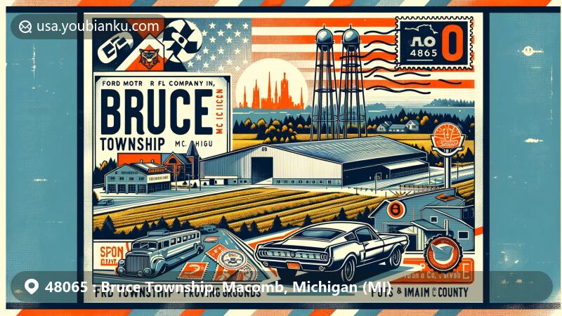 Modern illustration of Bruce Township, Macomb County, MI, showcasing postal theme with ZIP code 48065, featuring Ford Motor Company Proving Grounds and rural landscape with Twombly Mountain.