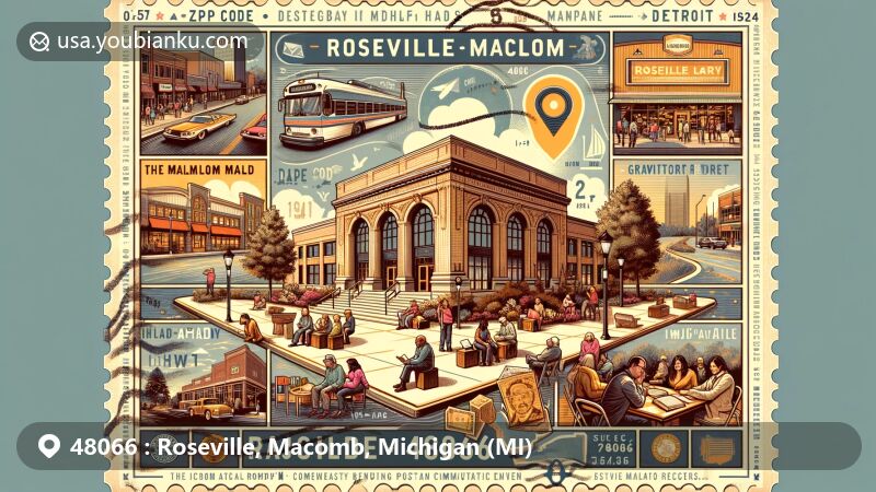 Modern illustration of Roseville, Macomb, Michigan, highlighting Roseville Public Library, Macomb Mall, and Packard Field, blending local history with present attractions and postal theme with ZIP code 48066.