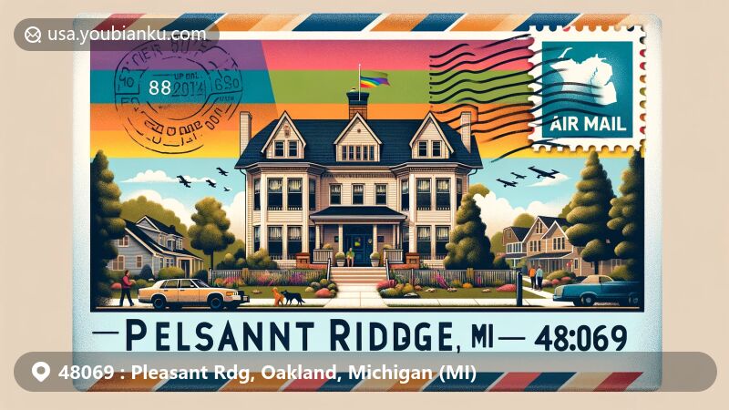 Modern illustration of Pleasant Ridge, Michigan with air mail envelope design, highlighting ZIP code 48069 and the Pleasant Ridge Historic District, featuring elements representing community spirit and LGBT culture, including Michigan state symbols and a rainbow flag.