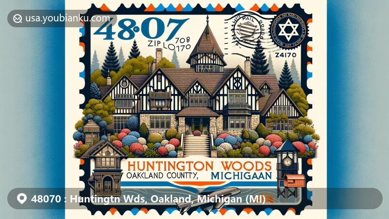 Illustration of Huntington Woods, Oakland County, Michigan, capturing postal heritage with vintage postcard design, showcasing Tudor-style buildings from the Hill Historic District, and subtle Jewish community symbols.