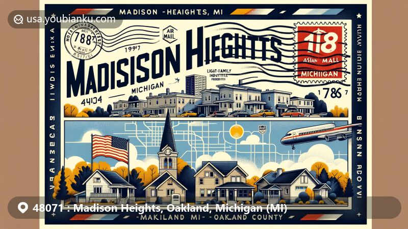 Modern illustration of Madison Heights, Michigan, with postal theme and iconic elements like single-family homes, light industrial and commercial properties, landmarks including 168 Asian Mart, Michigan state flag, and Oakland County outline, resembling a creative postcard with postal elements and ZIP Code 48071.