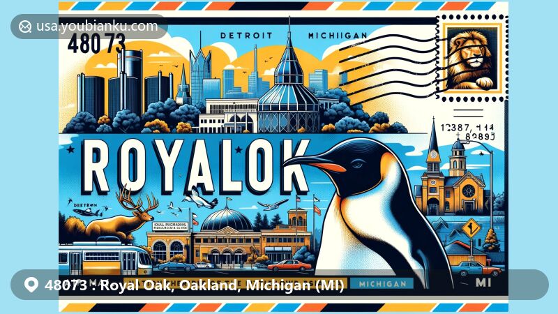 Modern illustration of Royal Oak, Michigan, with ZIP code 48073, featuring the Detroit Zoo and the National Shrine of the Little Flower Basilica, showcasing vibrant postcard design and downtown area.