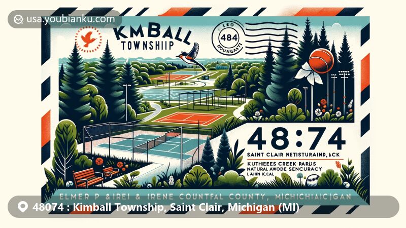 Modern illustration of Kimball Township, Saint Clair County, Michigan, capturing the area's natural beauty and postal heritage with elements of local parks, landmarks, and postal symbols.