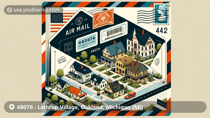 Creative depiction of Lathrup Village, Oakland County, Michigan, with a focus on postal theme and architectural diversity, featuring Colonial Revival, Tudor, and ranch houses.