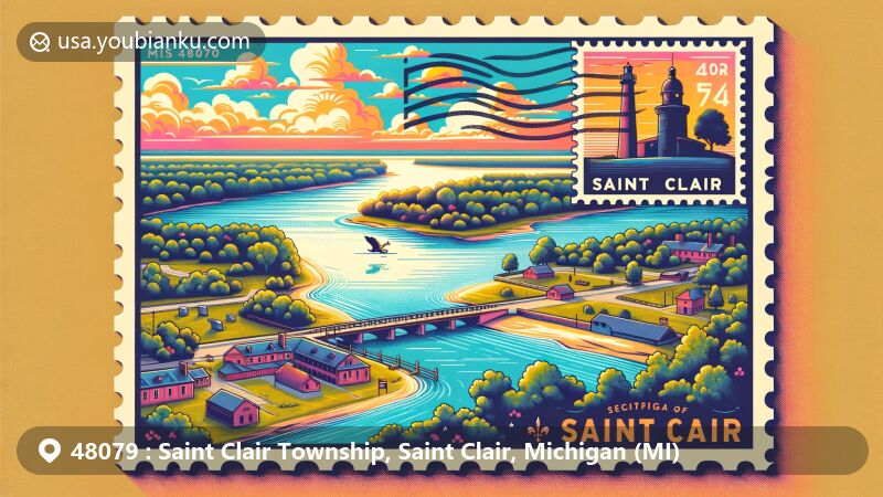 Modern illustration of Saint Clair Township, Saint Clair County, Michigan, showcasing postal theme with ZIP code 48079, featuring St. Clair River, Fort Sinclair, and historical significance.