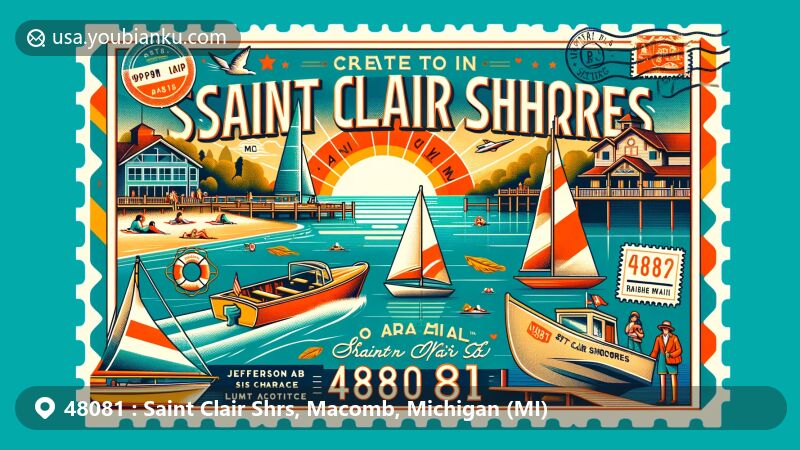 Modern illustration of Saint Clair Shores, Michigan, focusing on the 48081 ZIP Code area and its connection to Lake St. Clair, incorporating elements from the Prohibition era like a rum runner boat and Jefferson Beach Marina.