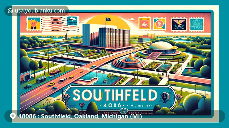Modern illustration of Southfield, Michigan, representing ZIP code 48086, showcasing key features like Evergreen Road roundabout, 'Pioneer Family II' sculpture, and mid-century modern architecture including City Hall, with a bike-share station symbolizing connectivity. Background includes lush parks and golf courses, highlighting Southfield's recreational diversity.