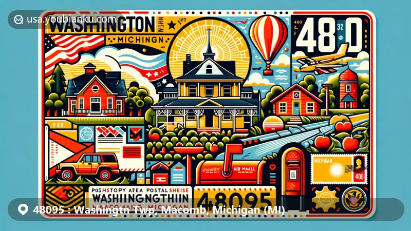 Modern illustration of Washington Township, Macomb, Michigan, depicting postal theme with ZIP code 48095, highlighting Octagon House, Westview Orchards, and Michigan state symbols.
