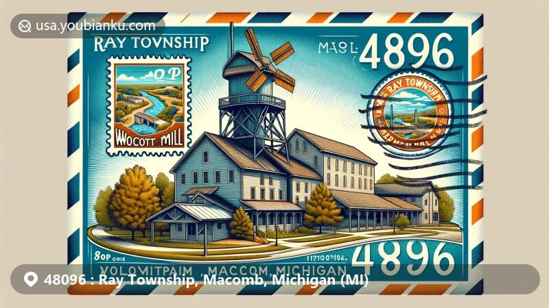 Modern illustration of Wolcott Mill in Ray Township, Macomb, Michigan, showcasing postal theme with ZIP code 48096, featuring Wolcott Mill Metropark and local landmarks like Cascades remnants and community park.
