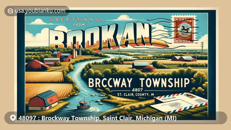 Illustration of Brockway Township, St. Clair County, Michigan, highlighting rural charm, agricultural roots, and postal nostalgia with vintage postcard featuring Michigan state flag and Mill Creek.