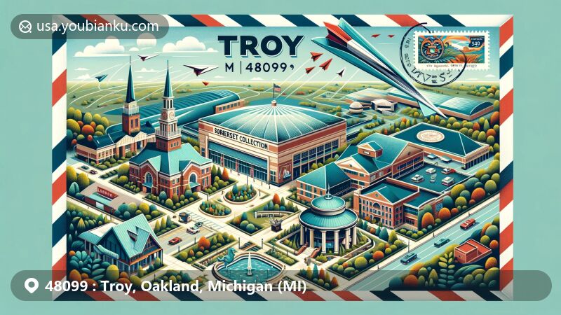 Modern illustration of Troy, Michigan, highlighting 48099 postal code, featuring Somerset Collection as a commerce hub, Troy Museum & Historic Village, and Stage Nature Center for history and preservation. Creative aerial mail envelope composition with Michigan state flag stamp and 'Troy, MI 48099' postmark, accompanied by flying paper airplanes symbolizing communication flow.